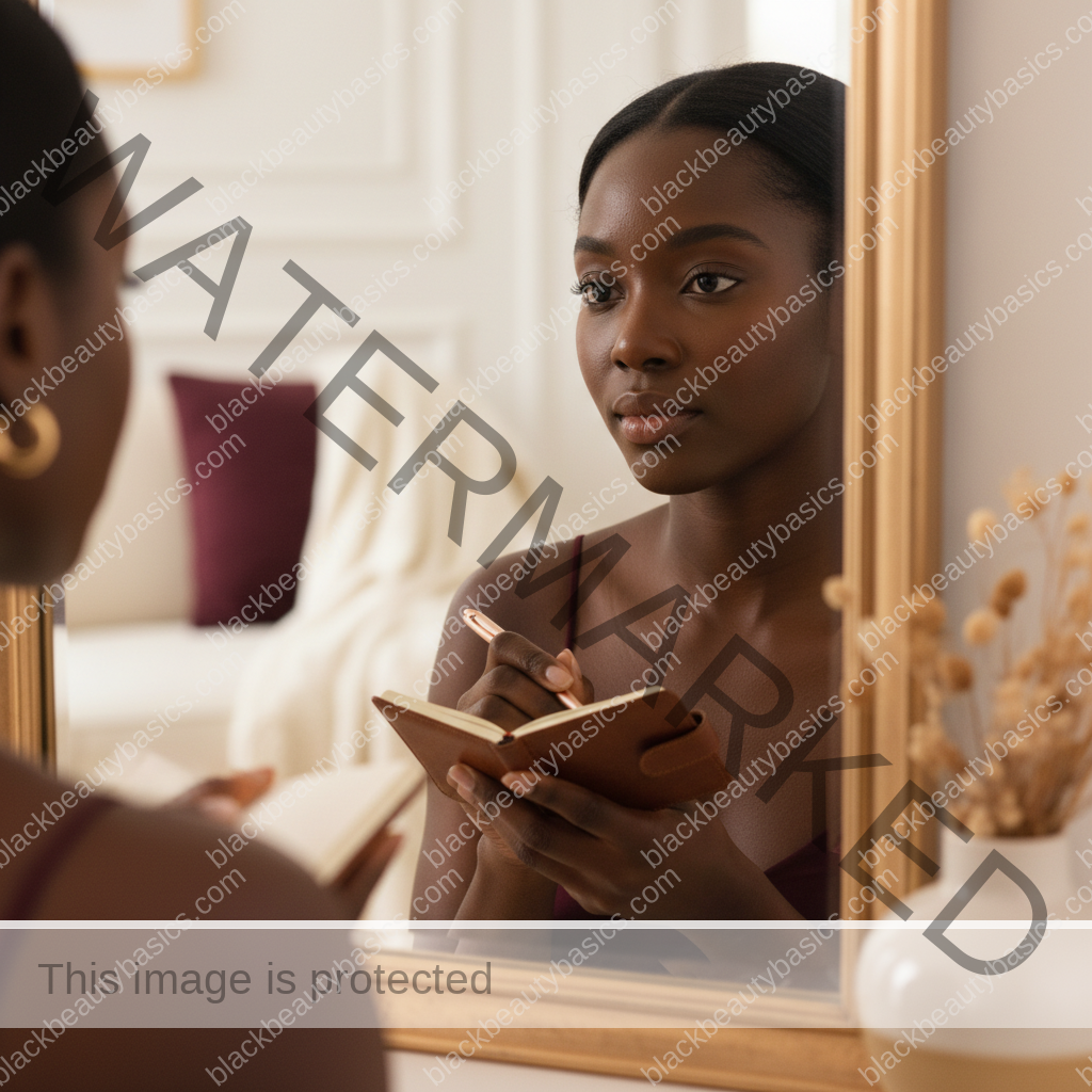 Melanin-rich Black woman with rich brown skin and textured hair in a calm mirror or note-taking moment