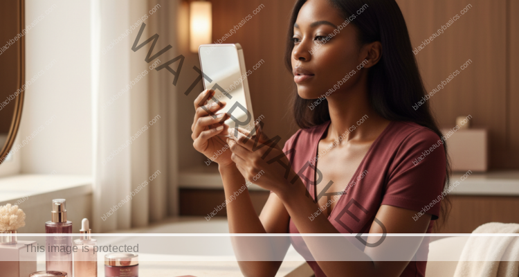 Melanin-rich Black woman with rich brown skin and textured hair in a warm editorial dark-skin care moment for How to Document Skin Symptoms Before a Dermatologist Visit