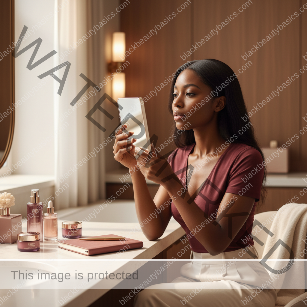 Melanin-rich Black woman with rich brown skin and textured hair in a warm editorial dark-skin care moment for How to Document Skin Symptoms Before a Dermatologist Visit