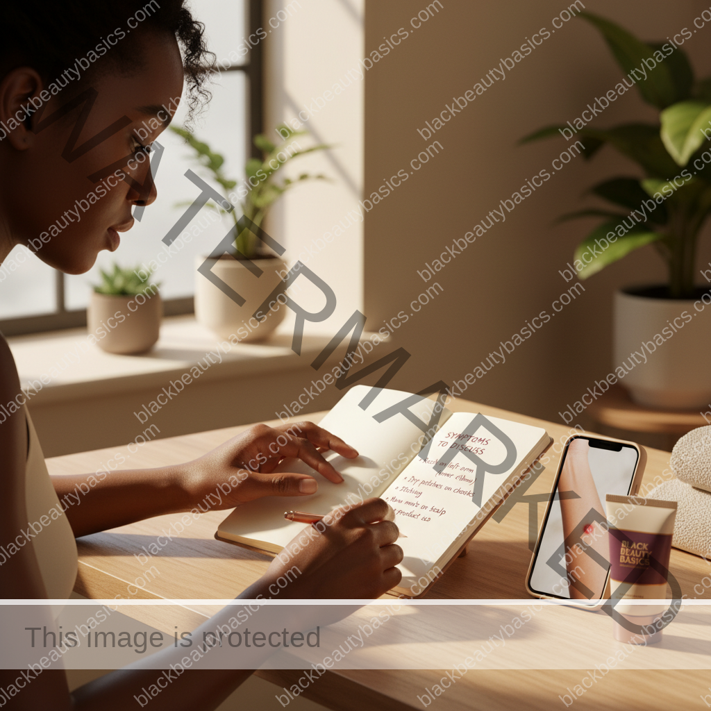 Melanin-rich Black woman with rich brown skin and textured hair using a practical care or documentation step with natural hands and correct anatomy