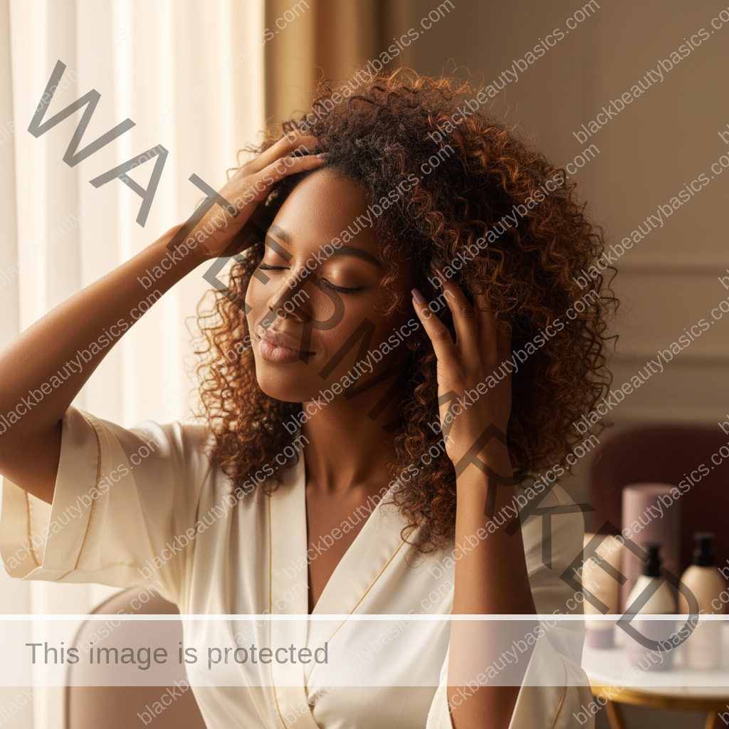Melanin-rich Black woman with rich brown skin and textured hair relaxed after a gentle scalp-care routine