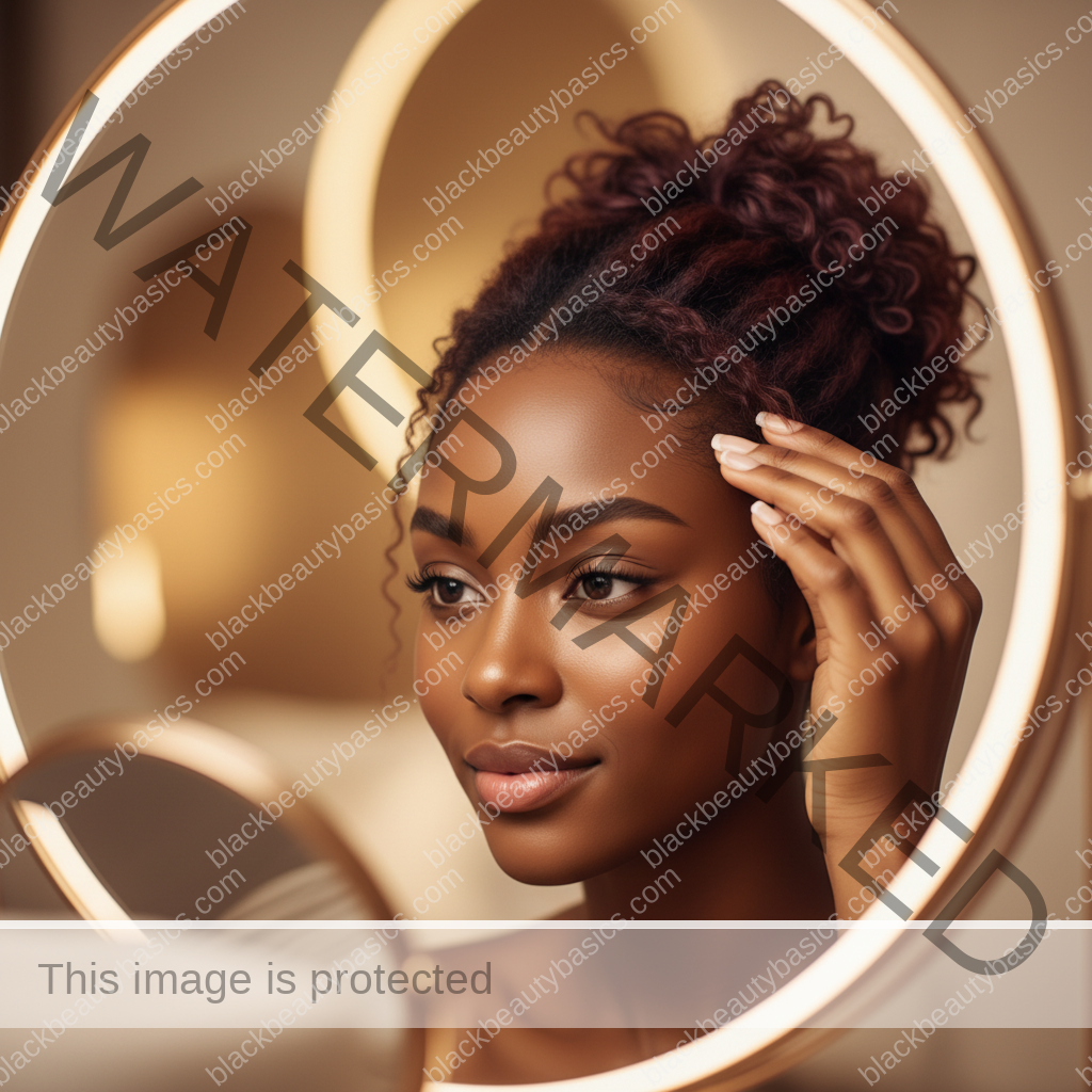 Melanin-rich Black woman with rich brown skin and textured hair gently checking scalp or hairline in a mirror