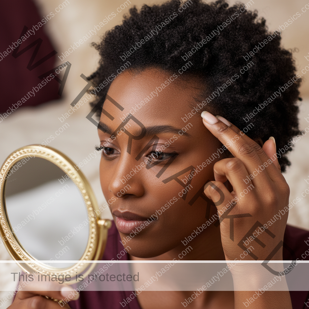 Melanin-rich Black woman with rich brown skin and textured hair gently checking scalp or hairline in a mirror
