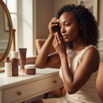 Melanin-rich Black woman with rich brown skin and textured hair in a warm editorial scalp-care moment for Early Signs of Traction Alopecia in Black Women