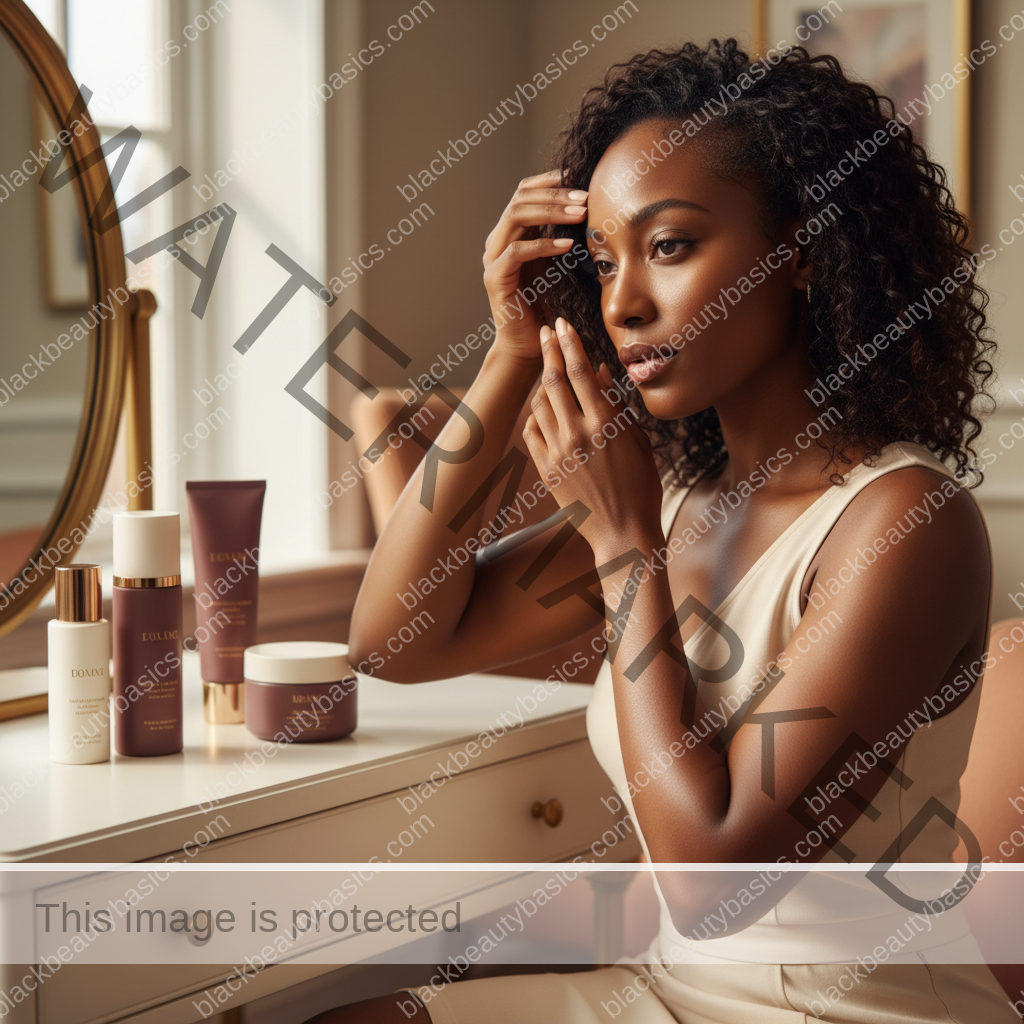 Melanin-rich Black woman with rich brown skin and textured hair in a warm editorial scalp-care moment for Early Signs of Traction Alopecia in Black Women