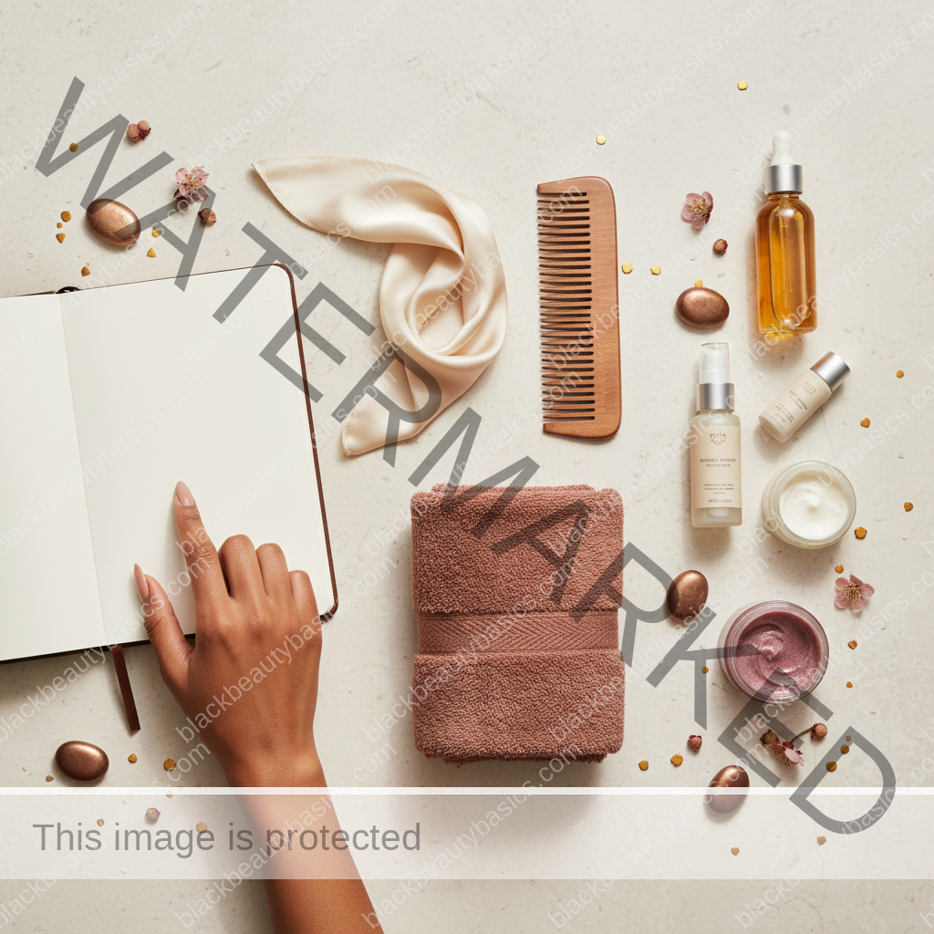 Scalp-care essentials for Early Signs of Traction Alopecia in Black Women in ivory plum bronze and soft gold tones