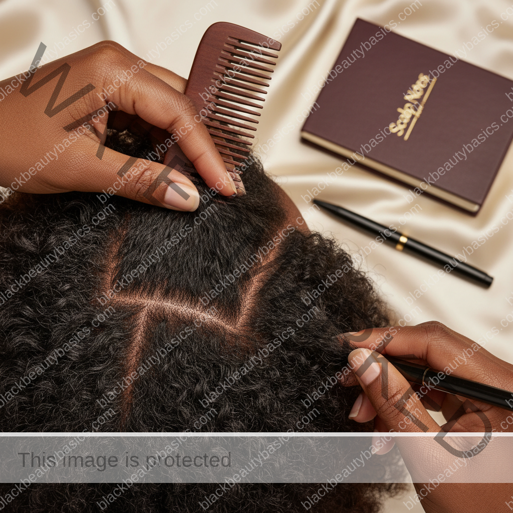 Melanin-rich Black woman with rich brown skin and textured hair using a practical scalp-care step with natural hands and correct anatomy