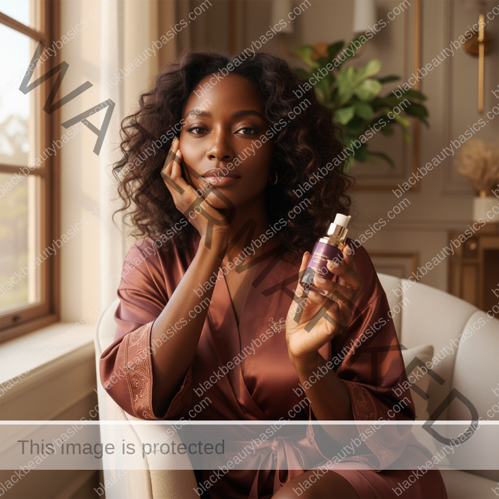 Melanin-rich Black woman with rich brown skin and textured hair relaxed after a calm skin-care or treatment-safety routine