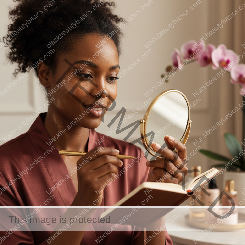 Melanin-rich Black woman with rich brown skin and textured hair in a calm mirror or note-taking moment