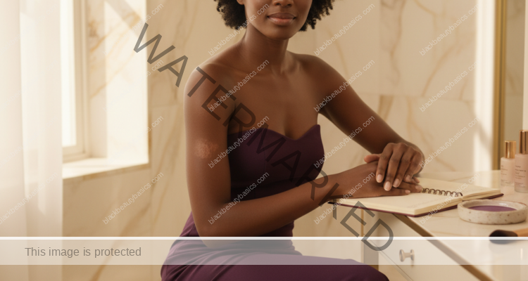 Melanin-rich Black woman with rich brown skin and textured hair in a warm editorial dark-skin care moment for Eczema on Dark Skin: Everyday Trigger-Tracking Guide