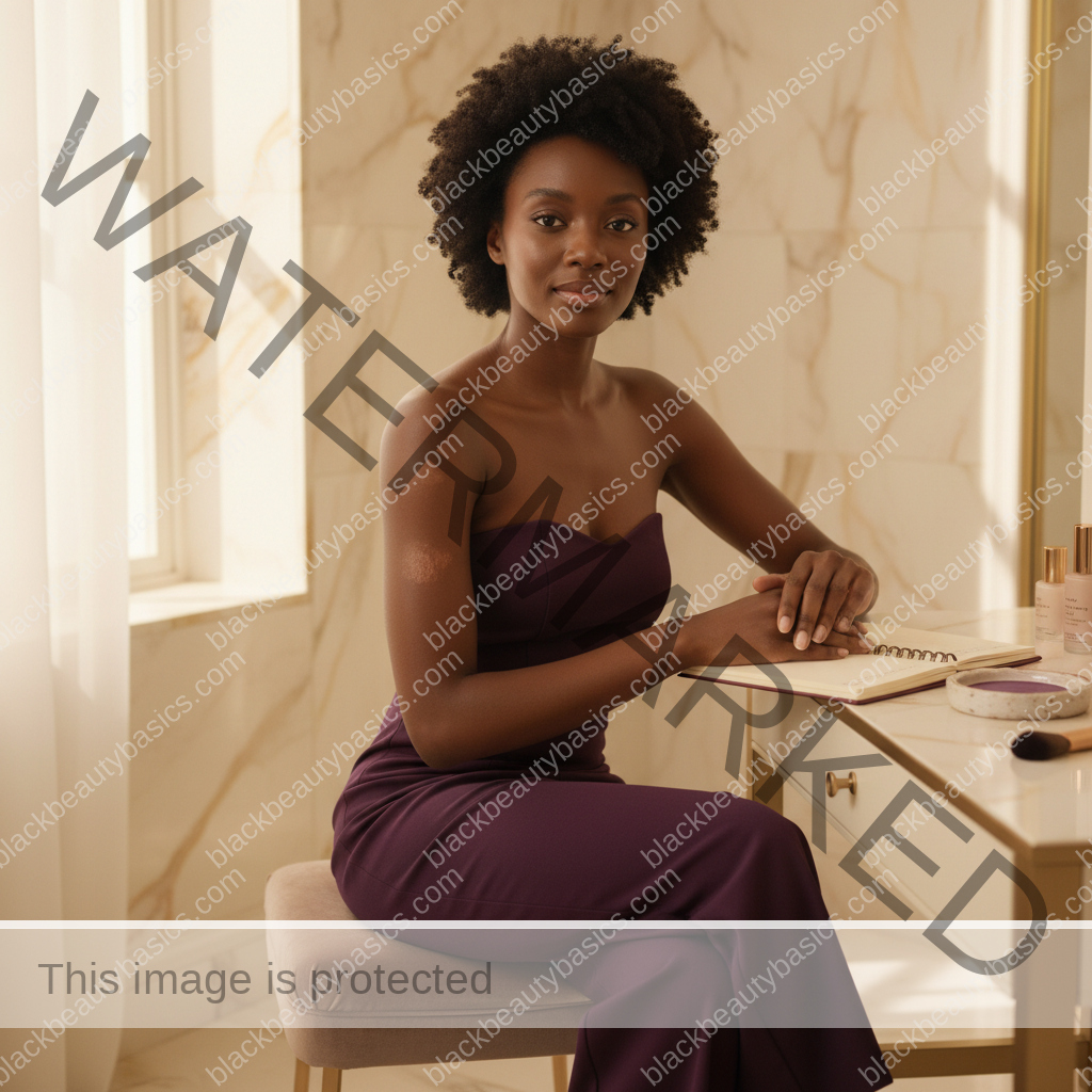 Melanin-rich Black woman with rich brown skin and textured hair in a warm editorial dark-skin care moment for Eczema on Dark Skin: Everyday Trigger-Tracking Guide