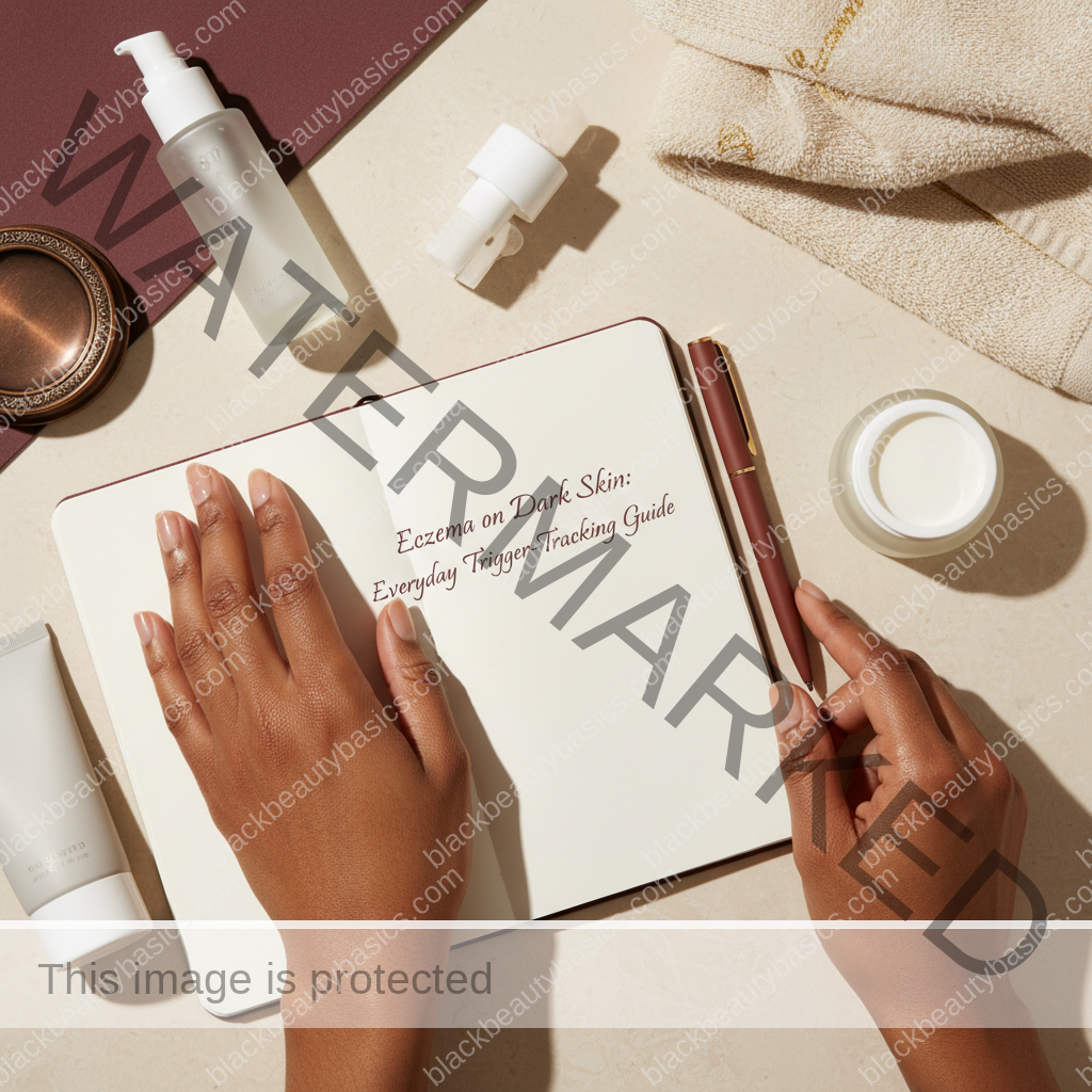 Dark-skin care essentials for Eczema on Dark Skin: Everyday Trigger-Tracking Guide in ivory plum bronze and soft gold tones
