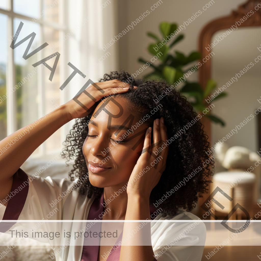 Melanin-rich Black woman with rich brown skin and textured hair relaxed after a gentle scalp-care routine