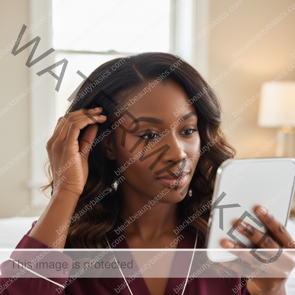 Melanin-rich Black woman with rich brown skin and textured hair gently checking scalp or hairline in a mirror
