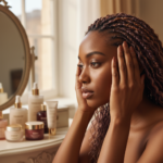 Melanin-rich Black woman with rich brown skin and textured hair in a warm editorial scalp-care moment for Edges Thinning From Wigs and Ponytails: How to Rethink Your Routine