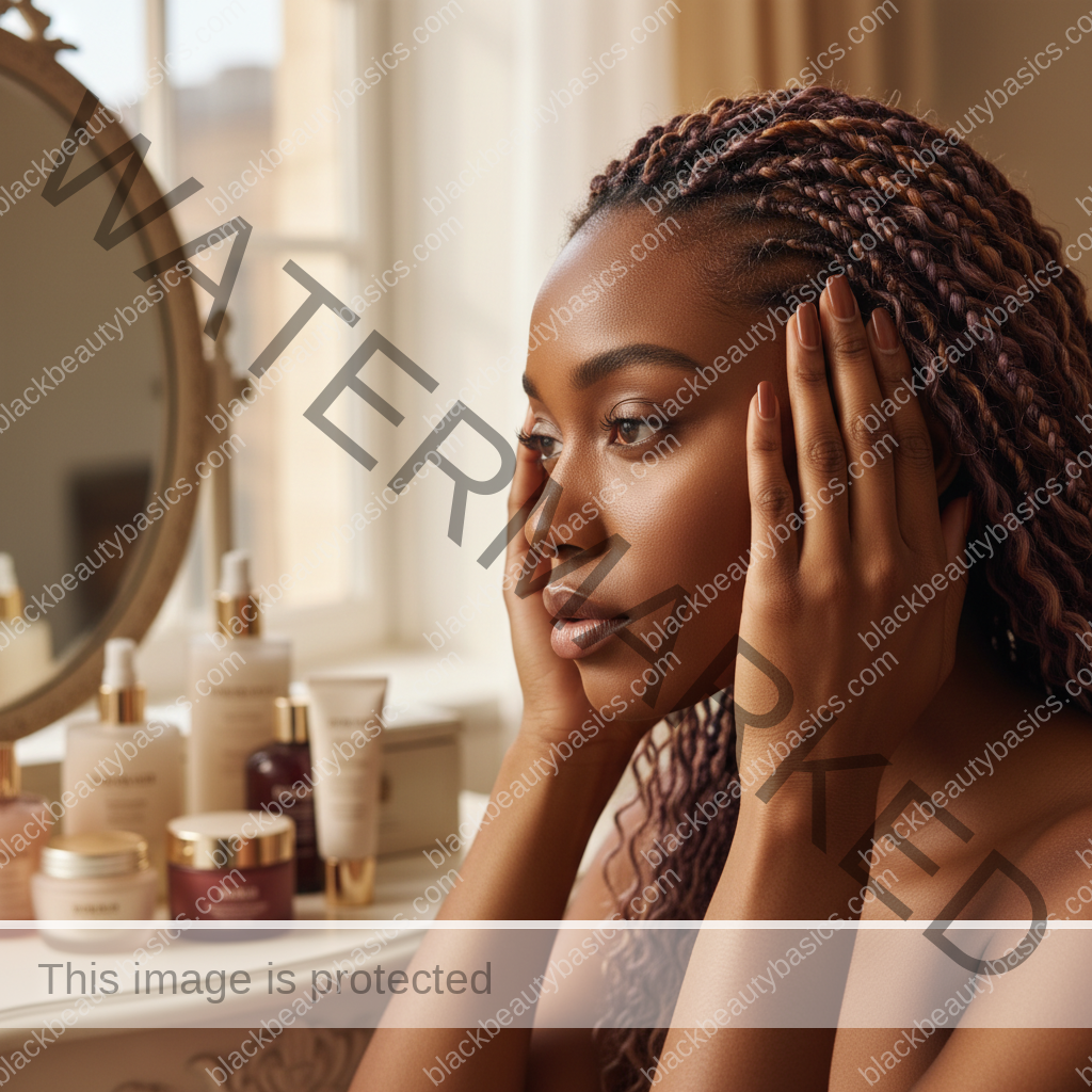 Melanin-rich Black woman with rich brown skin and textured hair in a warm editorial scalp-care moment for Edges Thinning From Wigs and Ponytails: How to Rethink Your Routine