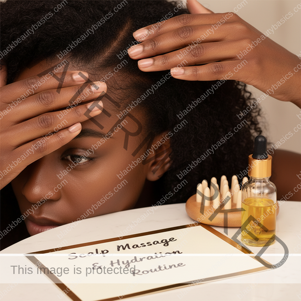 Melanin-rich Black woman with rich brown skin and textured hair using a practical scalp-care step with natural hands and correct anatomy