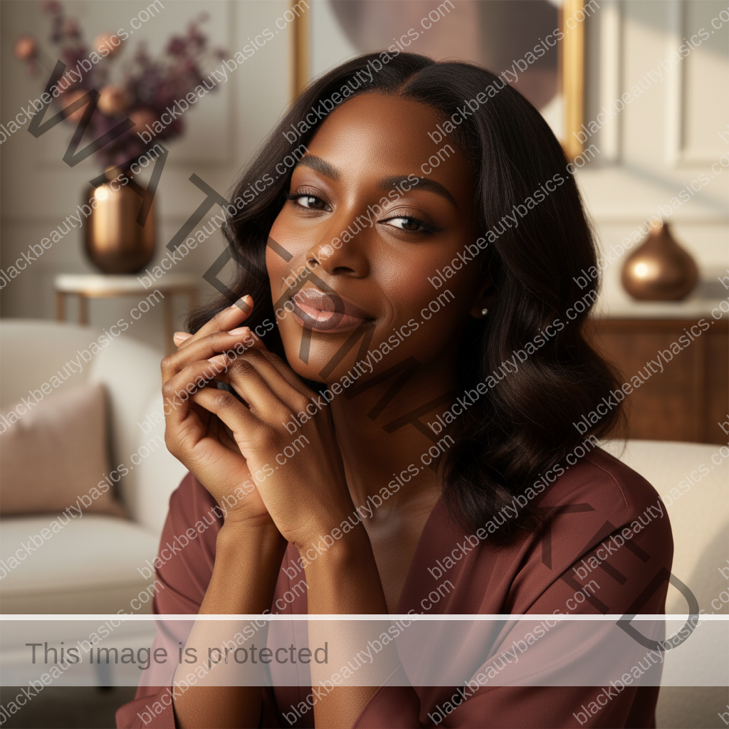 Melanin-rich Black woman with rich brown skin and textured hair relaxed after a calm skin-care or treatment-safety routine