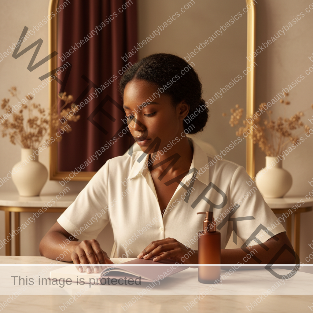 Melanin-rich Black woman reviewing aesthetic provider safety questions in a calm consultation setting