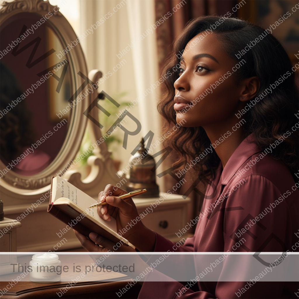Melanin-rich Black woman with rich brown skin and textured hair in a calm mirror or note-taking moment