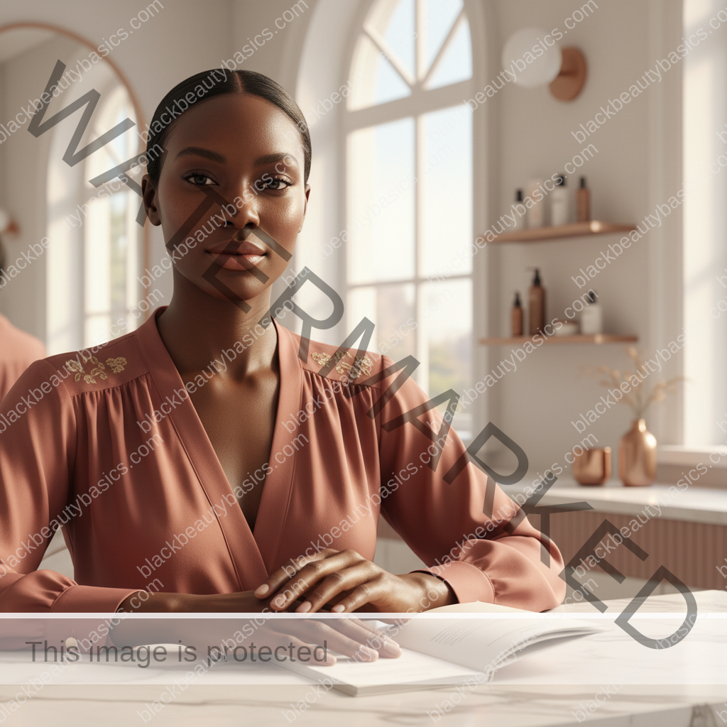 Melanin-rich Black woman with rich brown skin and textured hair in a warm editorial dark-skin care moment for How to Evaluate an Aesthetic Provider for Dark-Skin Safety