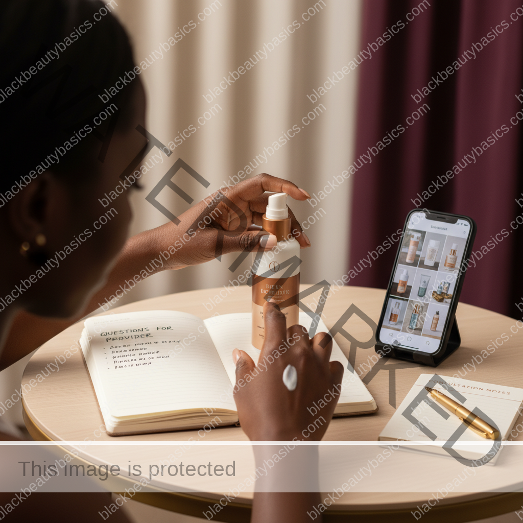 Melanin-rich Black woman with rich brown skin and textured hair using a practical care or documentation step with natural hands and correct anatomy