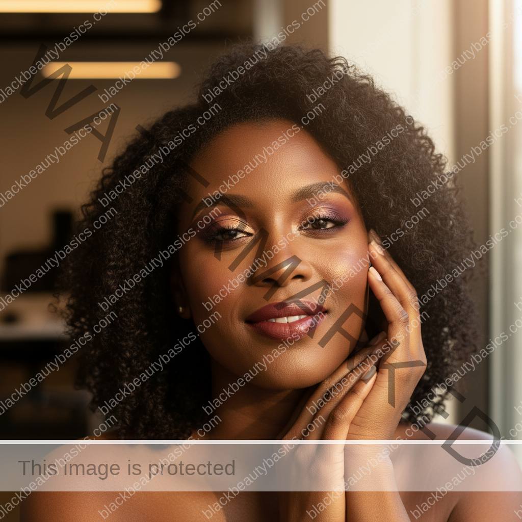 Melanin-rich Black woman with rich brown skin and textured hair relaxed with dimensional makeup for deep skin