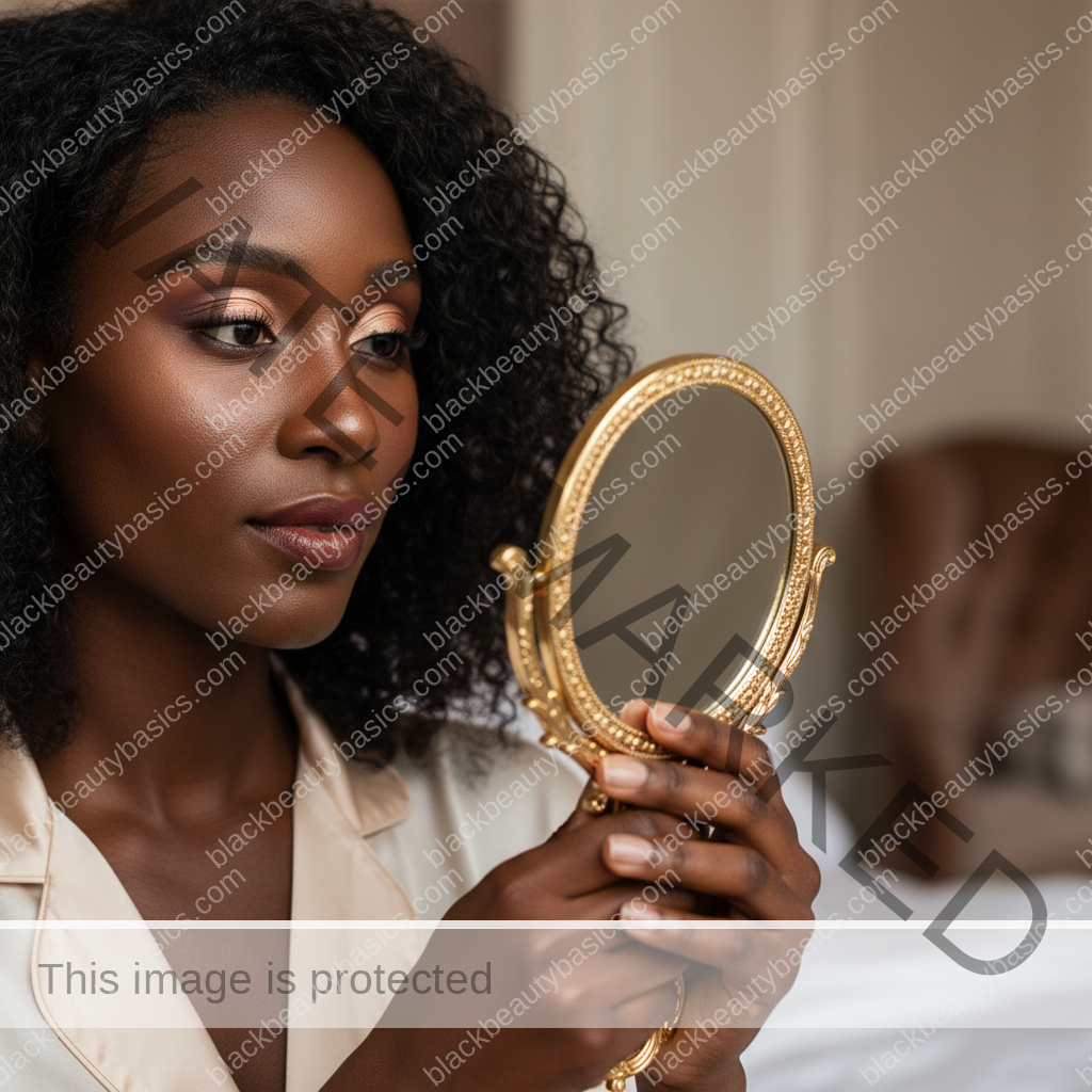 Melanin-rich Black woman with rich brown skin and textured hair in a calm mirror moment checking makeup undertone and finish