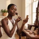 Melanin-rich Black woman with rich brown skin and textured hair in a warm editorial makeup moment for Everyday Office Makeup for Deep Skin in 10 Minutes