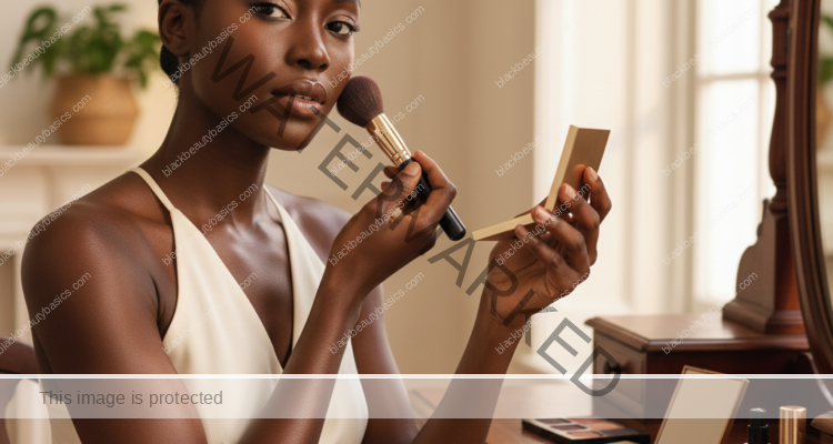 Melanin-rich Black woman with rich brown skin and textured hair in a warm editorial makeup moment for Everyday Office Makeup for Deep Skin in 10 Minutes