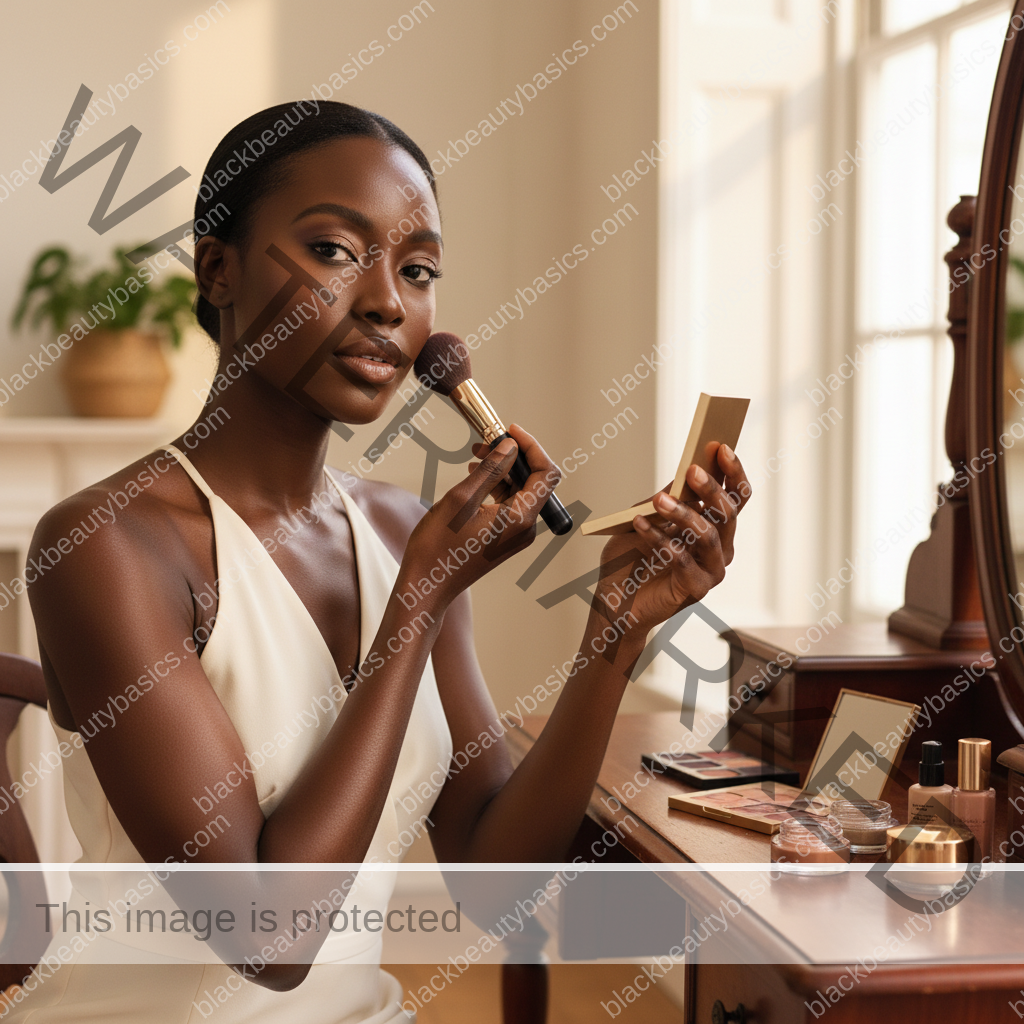 Melanin-rich Black woman with rich brown skin and textured hair in a warm editorial makeup moment for Everyday Office Makeup for Deep Skin in 10 Minutes