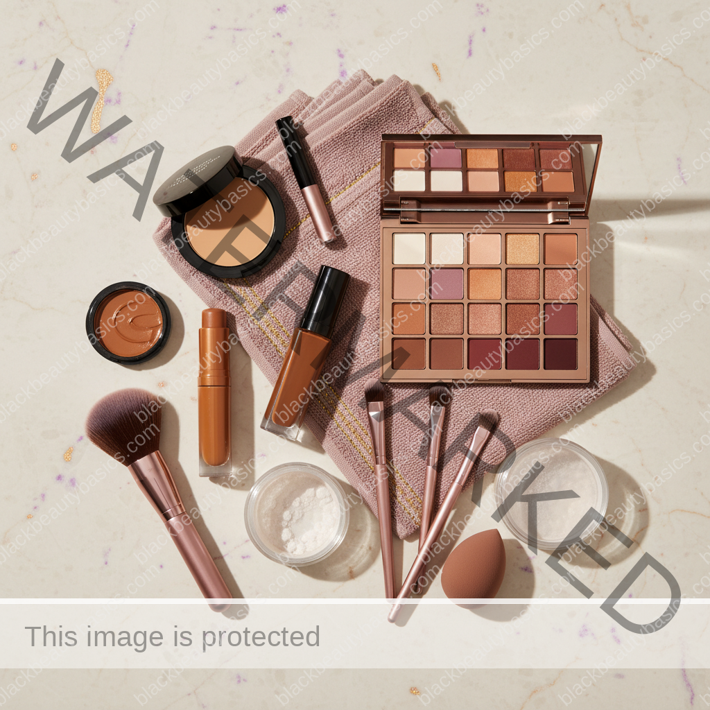 Deep skin makeup essentials for Everyday Office Makeup for Deep Skin in 10 Minutes in ivory plum bronze and soft gold tones