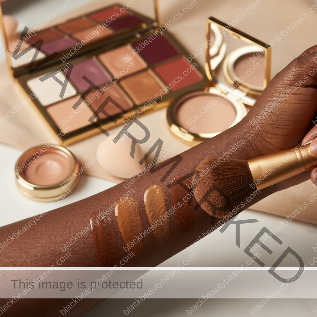 Melanin-rich Black woman with rich brown skin and textured hair using a practical makeup application step with natural hands and correct anatomy