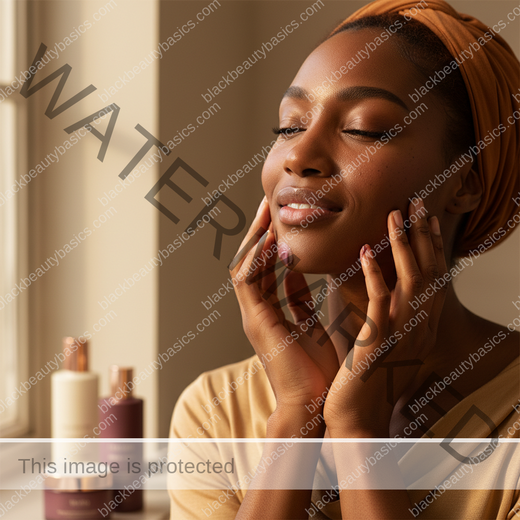 Melanin-rich Black woman with rich brown skin relaxed after a gentle body care routine