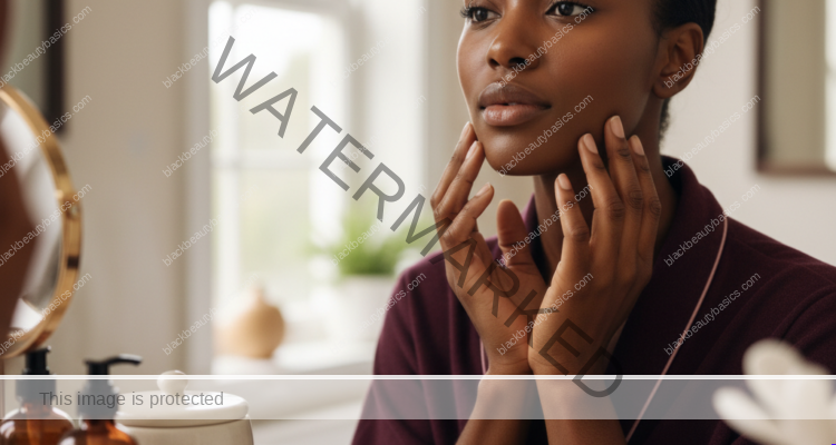 Melanin-rich Black woman with rich brown skin in a warm editorial body care moment for Face Shaving for Black Women: Chin, Jaw, and Upper Lip Considerations