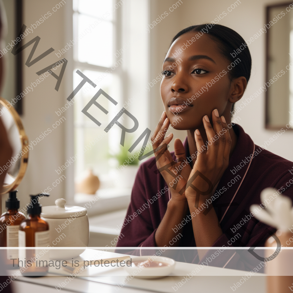 Melanin-rich Black woman with rich brown skin in a warm editorial body care moment for Face Shaving for Black Women: Chin, Jaw, and Upper Lip Considerations