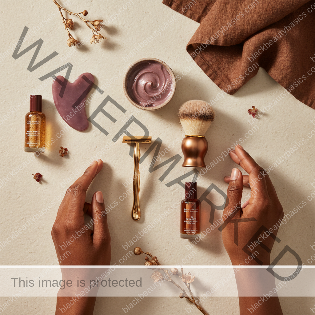 Body care essentials for Face Shaving for Black Women: Chin, Jaw, and Upper Lip Considerations in ivory plum bronze and soft gold tones
