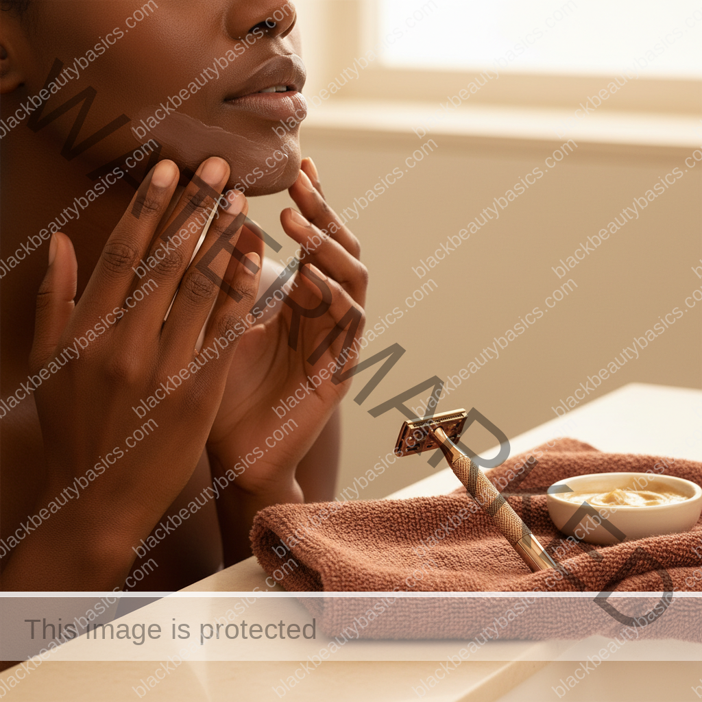 Melanin-rich Black woman with rich brown skin using a practical body care step with natural hands and correct anatomy