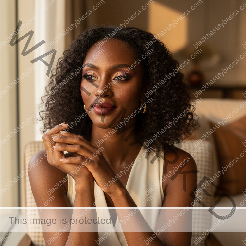 Melanin-rich Black woman with rich brown skin and textured hair relaxed with dimensional makeup for deep skin