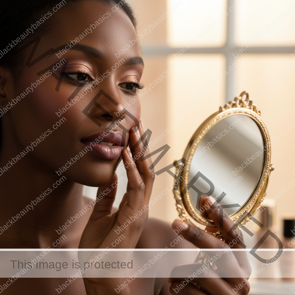 Melanin-rich Black woman with rich brown skin and textured hair in a calm mirror moment checking makeup undertone and finish