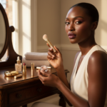 Melanin-rich Black woman with rich brown skin and textured hair in a warm editorial makeup moment for A Five-Product Makeup Capsule for Deep Skin
