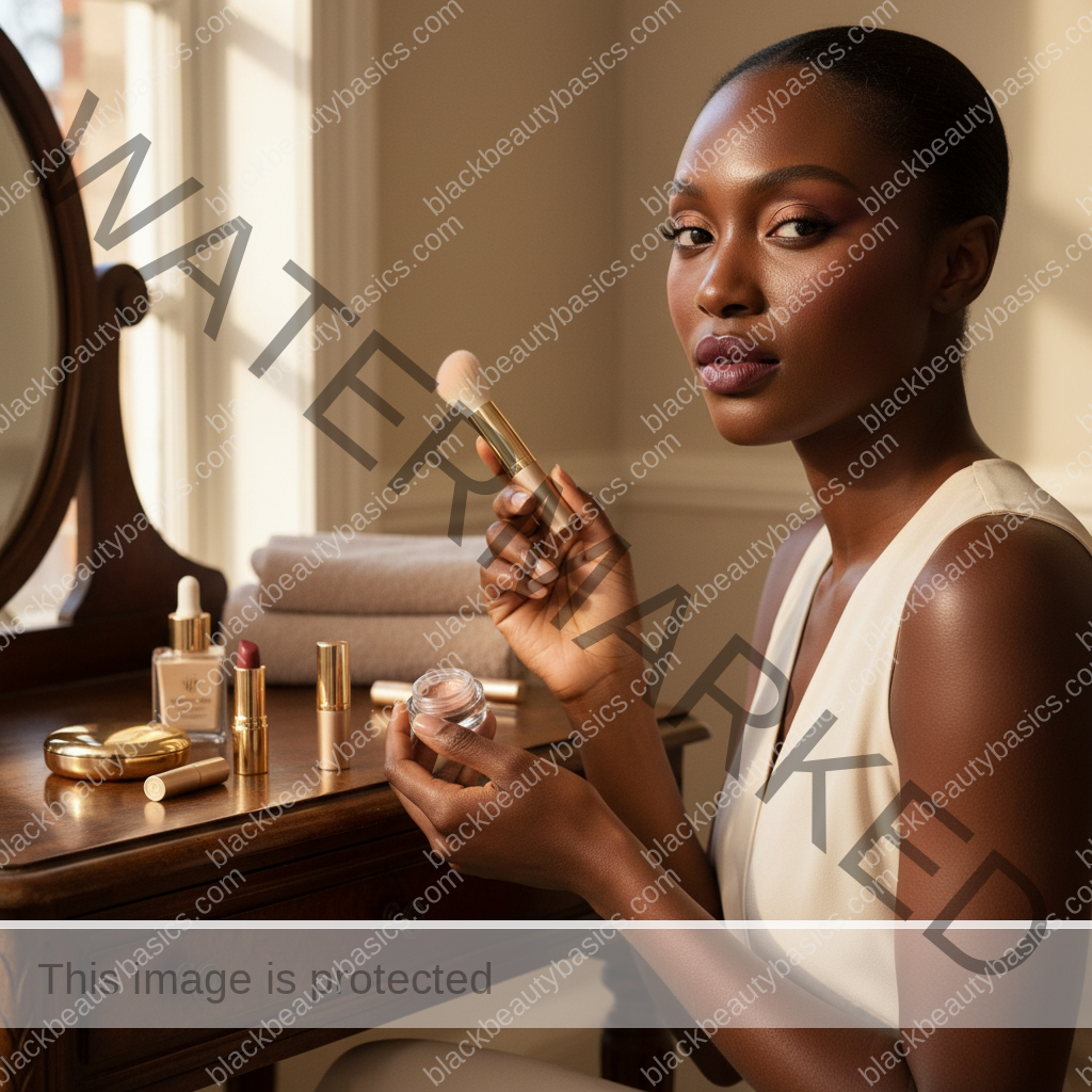 Melanin-rich Black woman with rich brown skin and textured hair in a warm editorial makeup moment for A Five-Product Makeup Capsule for Deep Skin