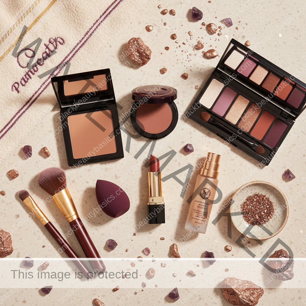 Deep skin makeup essentials for A Five-Product Makeup Capsule for Deep Skin in ivory plum bronze and soft gold tones
