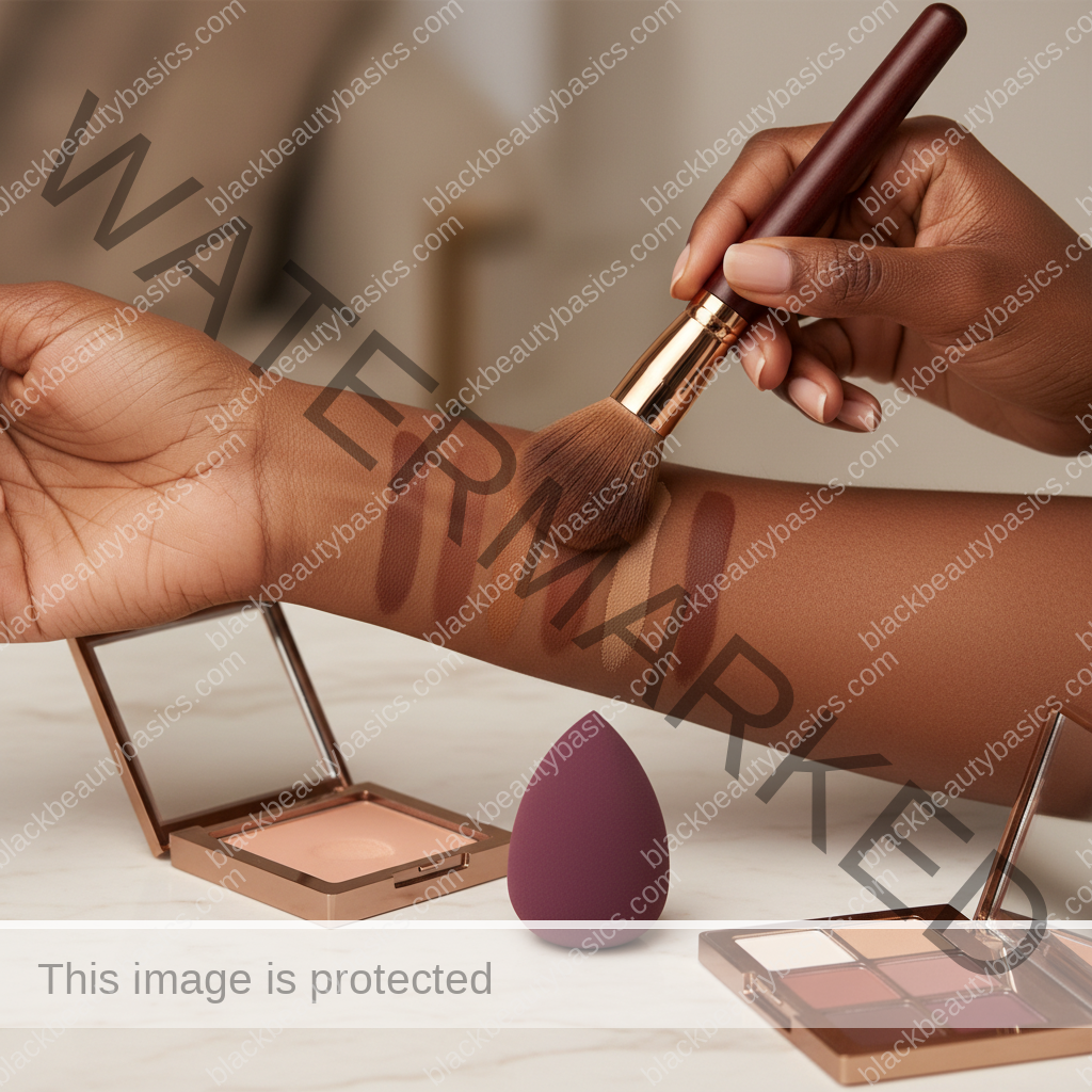 Melanin-rich Black woman with rich brown skin and textured hair using a practical makeup application step with natural hands and correct anatomy