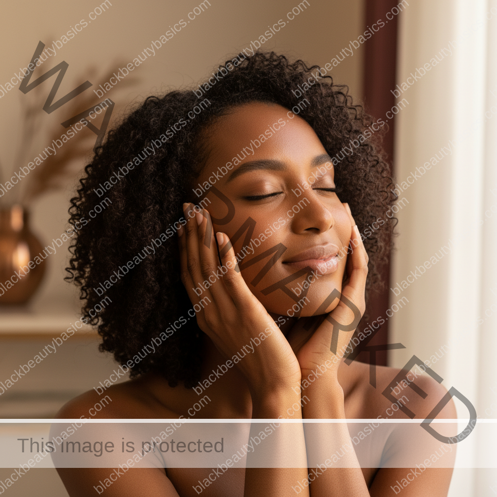 Melanin-rich Black woman with rich brown skin and textured hair relaxed after a gentle scalp-care routine