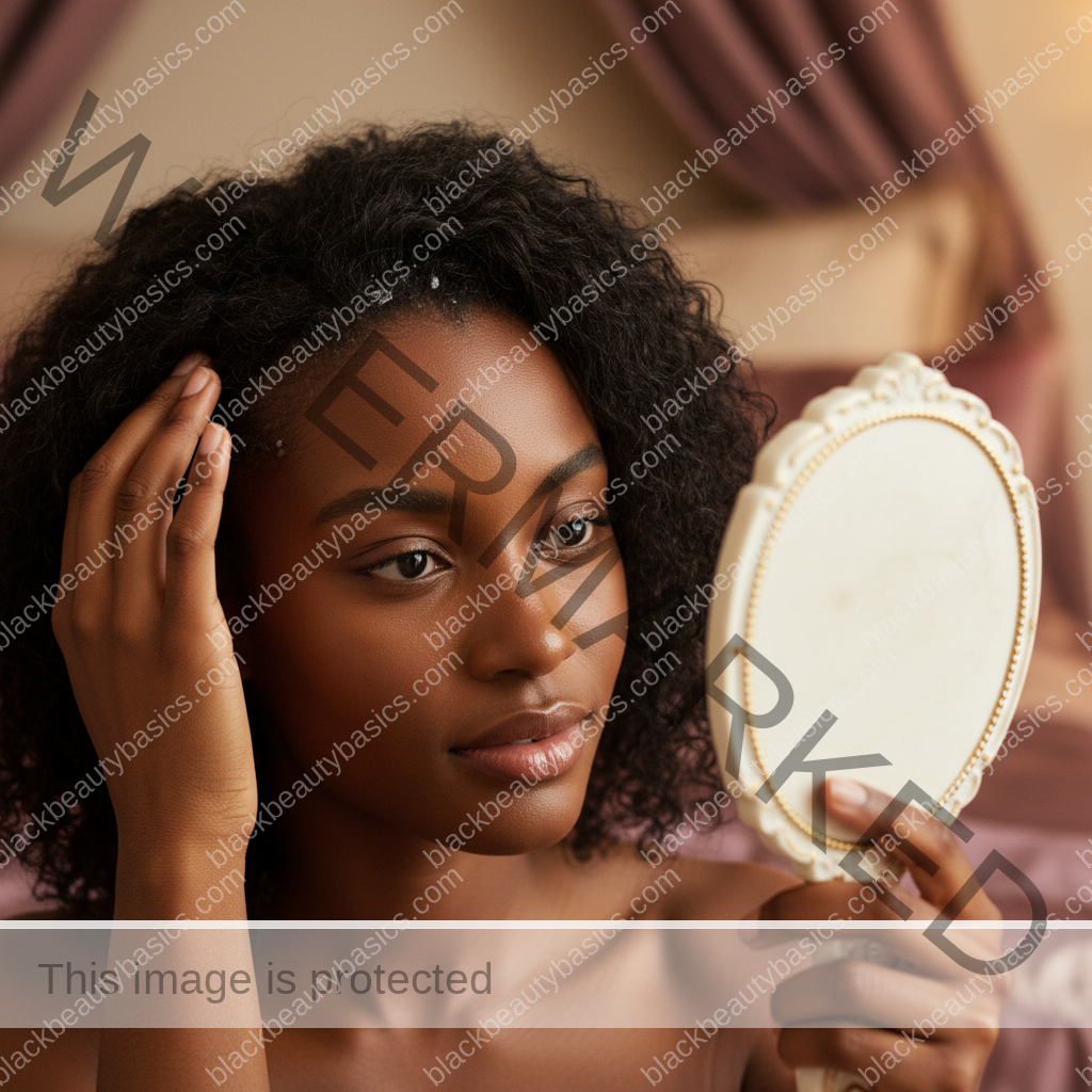 Melanin-rich Black woman with rich brown skin and textured hair gently checking scalp or hairline in a mirror
