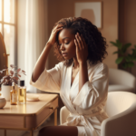 Melanin-rich Black woman with rich brown skin and textured hair in a warm editorial scalp-care moment for Flaky Scalp vs Dry Scalp vs Dandruff on Black Women