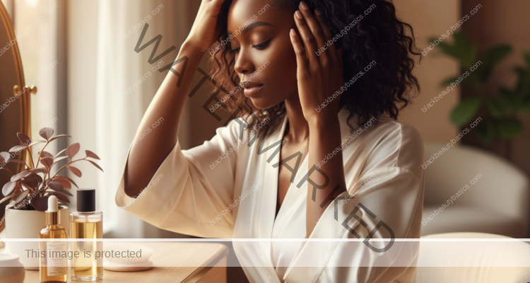 Melanin-rich Black woman with rich brown skin and textured hair in a warm editorial scalp-care moment for Flaky Scalp vs Dry Scalp vs Dandruff on Black Women