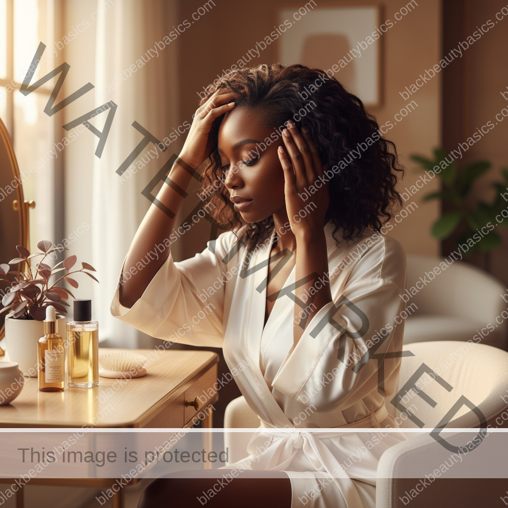 Melanin-rich Black woman with rich brown skin and textured hair in a warm editorial scalp-care moment for Flaky Scalp vs Dry Scalp vs Dandruff on Black Women