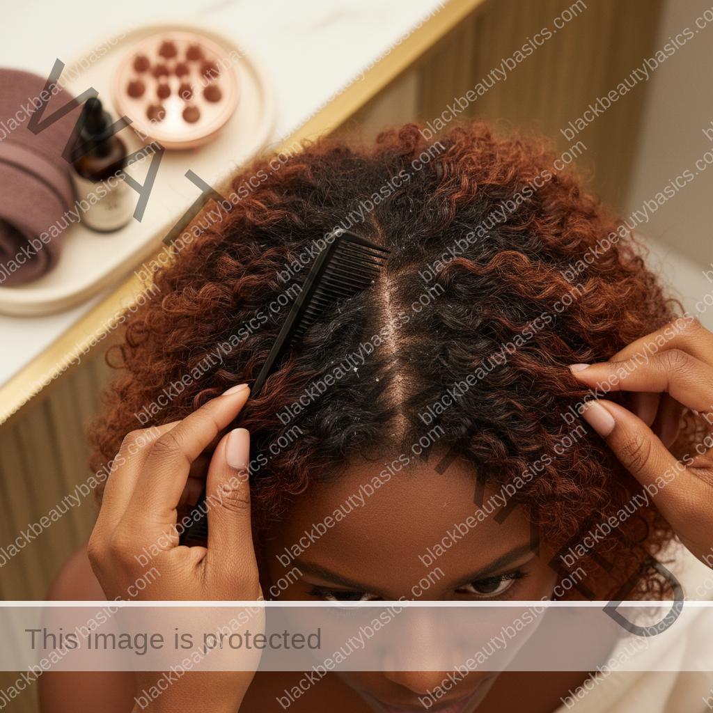 Melanin-rich Black woman with rich brown skin and textured hair using a practical scalp-care step with natural hands and correct anatomy